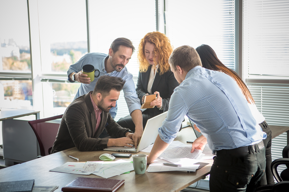 Team in firm collaborative meeting